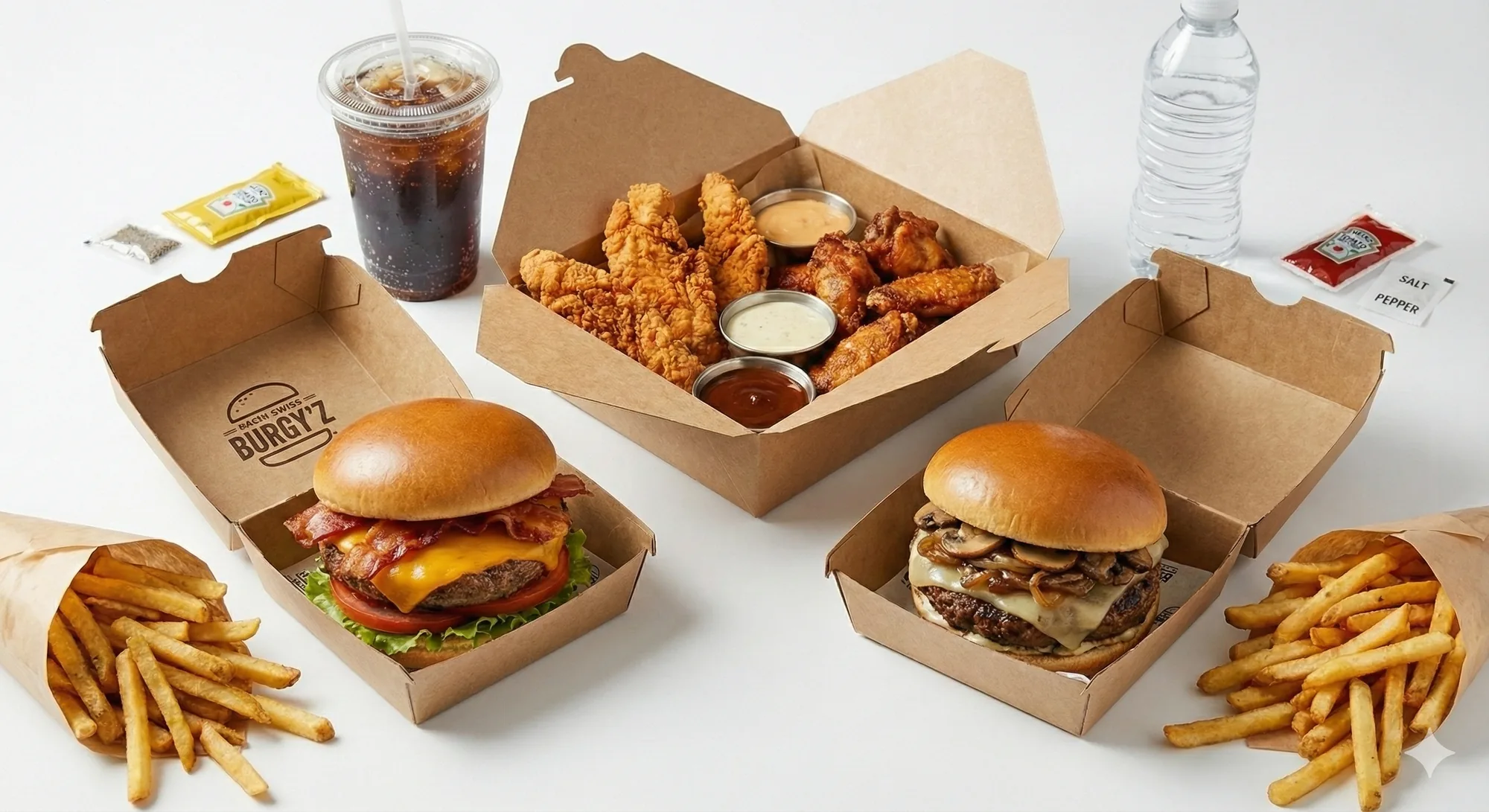 Burgers, frites et tenders Burgy'Z dans leurs boîtes à emporter