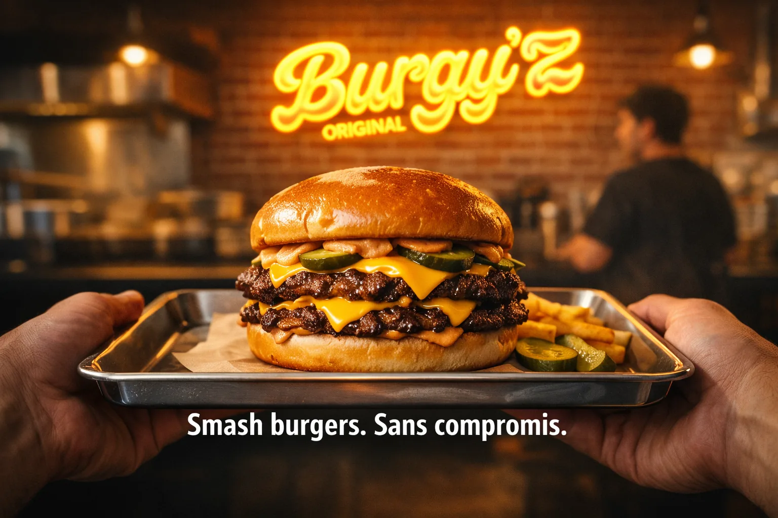 Le néon Burgy'Z et un plateau de smash burgers